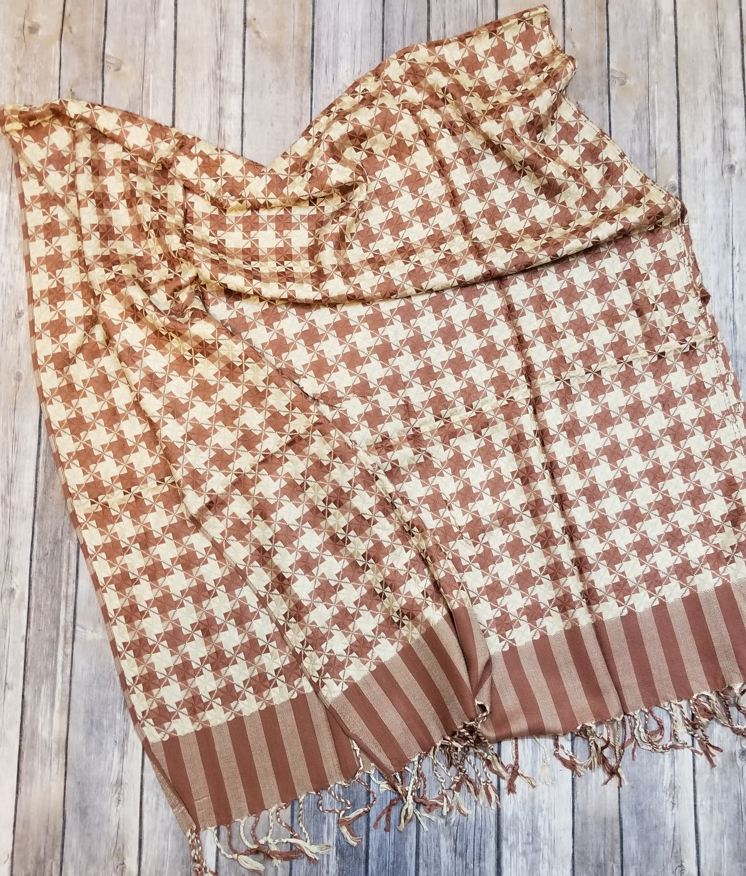 Fashion Scarf - Brown and Cream Checks with Stripes and Fringe