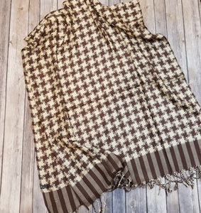 Fashion Scarf - Dark Brown and Cream Checks with Stripes and Fringe