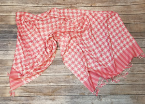 Fashion Scarf - Pink and Cream Checks with Stripes and Fringe