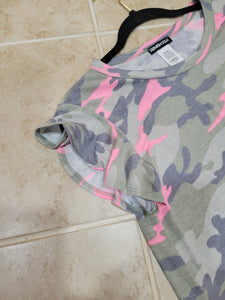 Neon Pink Camo Top with Ruffled Sleeves