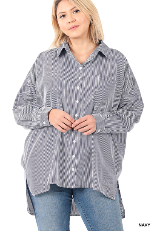 Oversized Striped Button Up with Navy Pinstripes