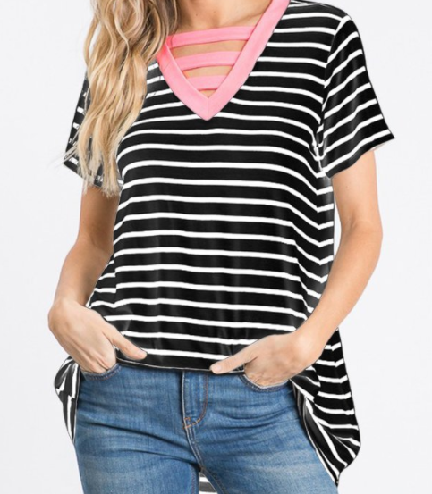 Pink V-Neck with Bar Detail - Black with White Stripes