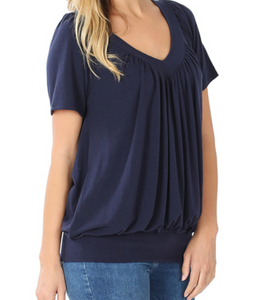 Short Sleeve Top with Shirring in Navy