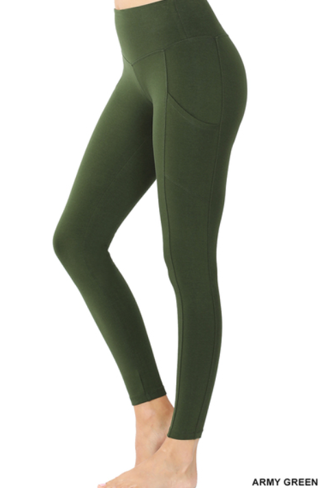 Army Green Full Length Leggings with Side Pockets