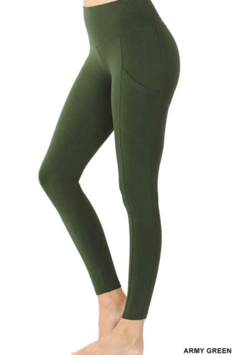 Army Green Full Length Leggings with Side Pockets Sunflower s