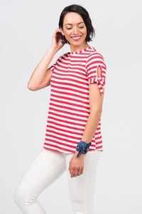 Tie Sleeve Top in Red and White Stripe