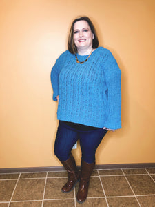Teal Cable Knit Chenille Pullover Sweater